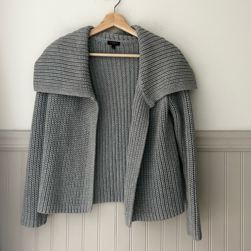 Talbots Chunky Gray Women's Small Petite Open Knit Sweater Cardigan 100% Cotton